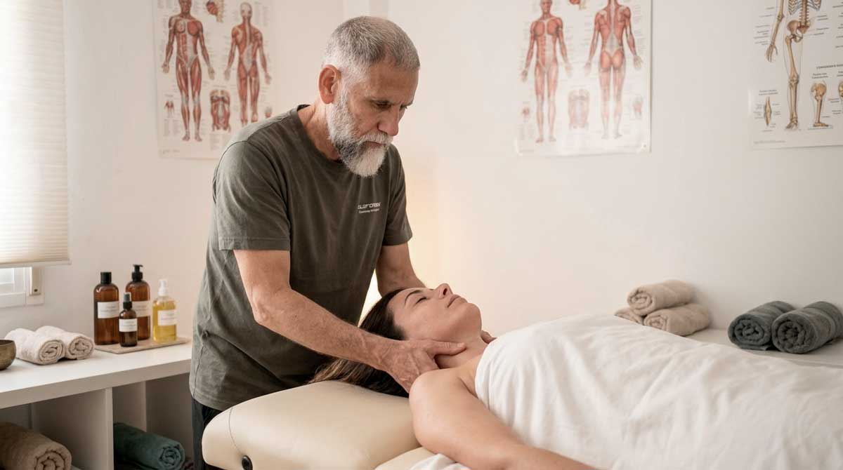 Terapia manual descontracturante para alivio de sobrecarga por estrés en cuello y hombros