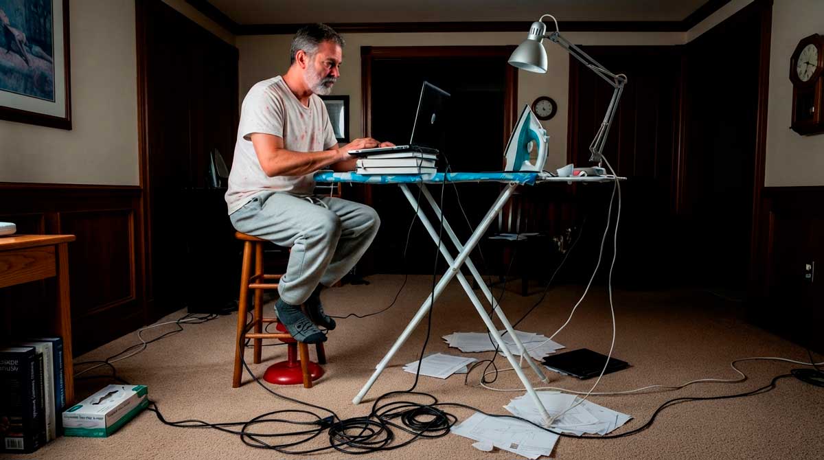 Puesto de trabajo ergonómico en casa con portátil elevado y silla ajustada